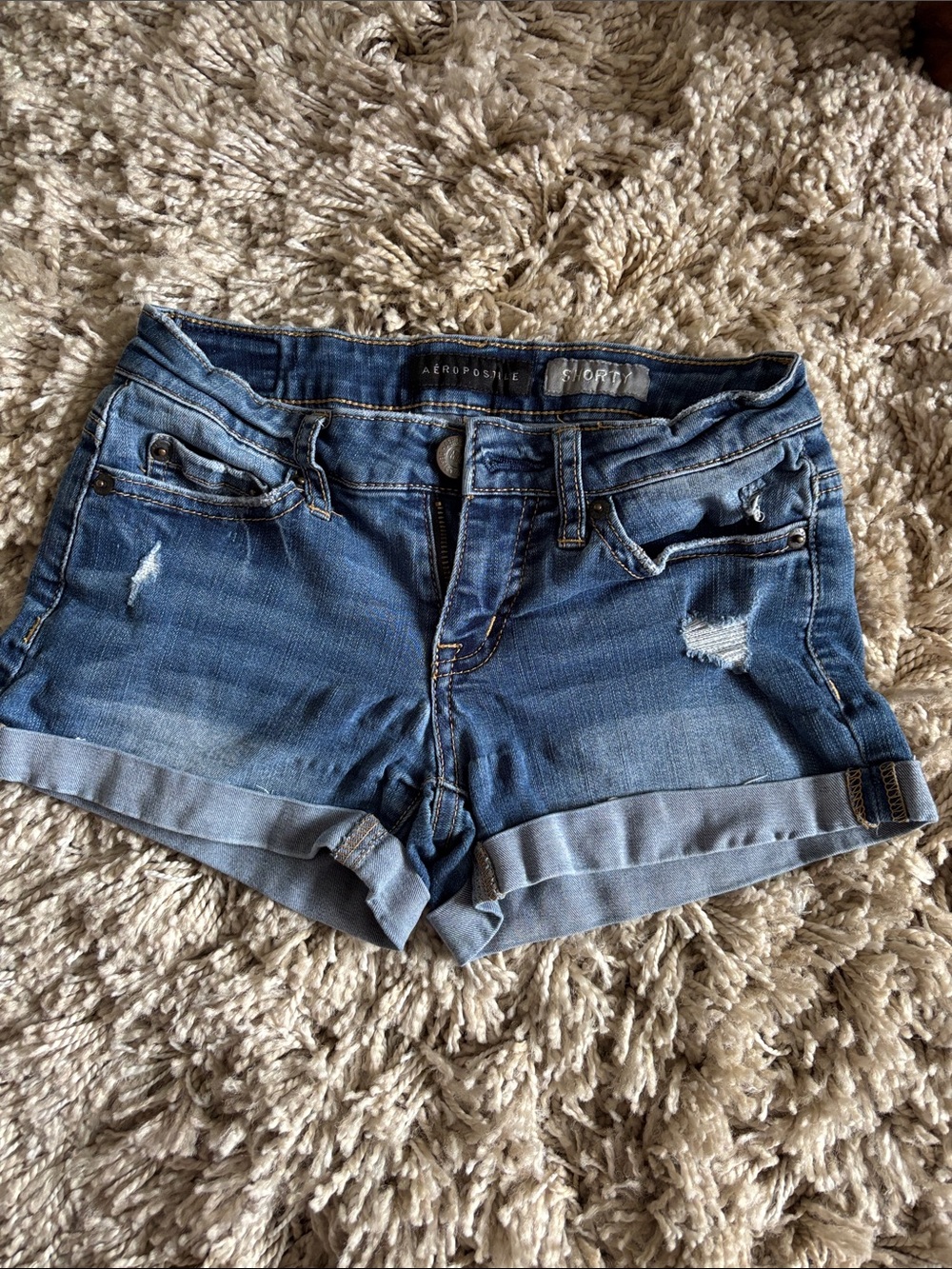 Aeropostale Blue Distressed Cuffed Denim Shorts
